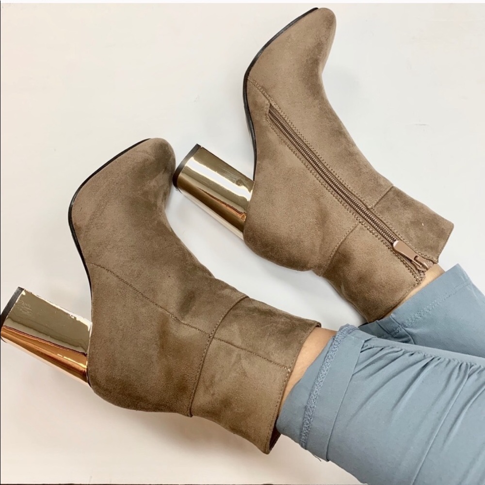 Taupe Gold Heel Suede Booties